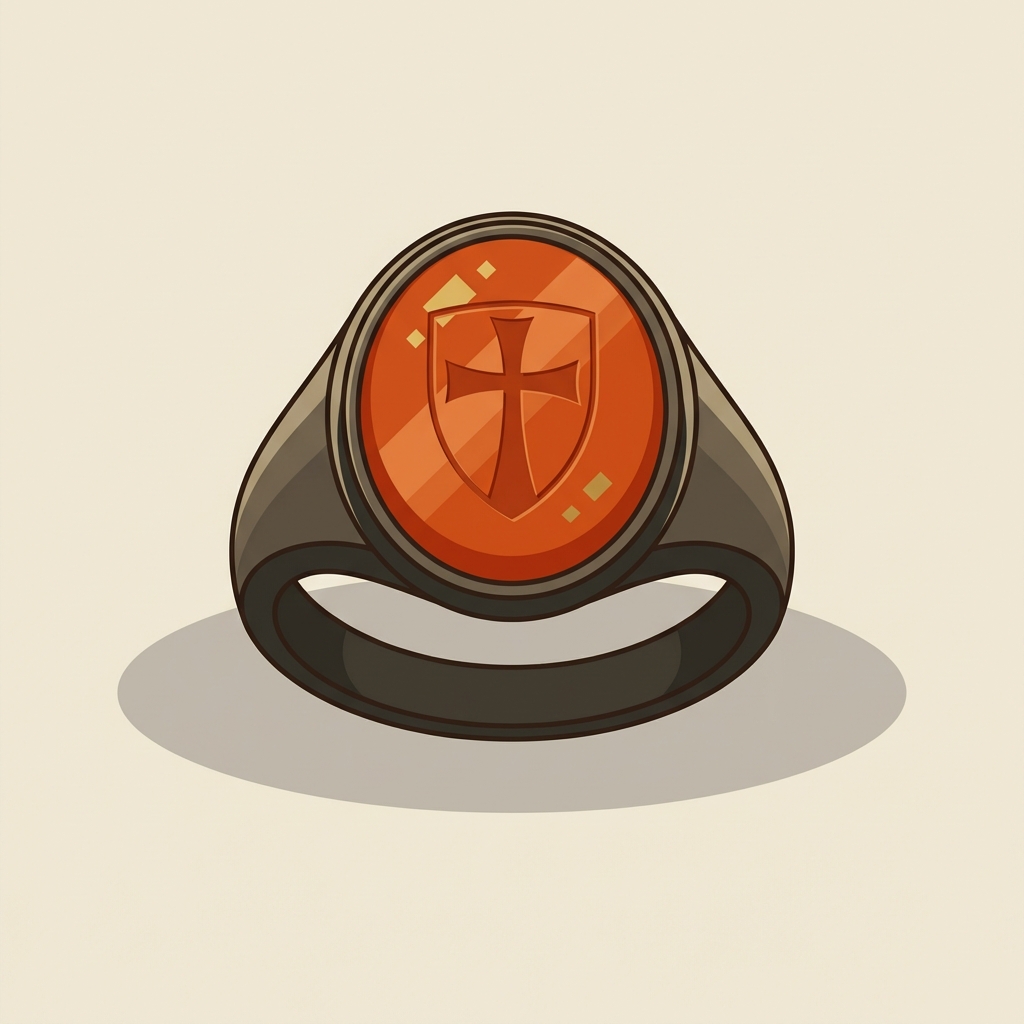 Minimalist 2D vector of a carnelian intaglio medieval crusader ring centered on a cream background with clear engraving crisp lines subdued lighting and accent highlights