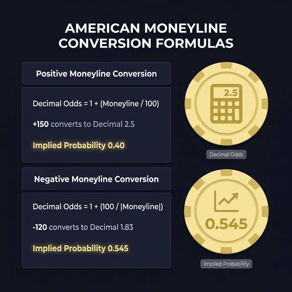 Minimalist instructional diagram of American moneyline conversion formulas with numeric examples and implied probabilities for Expected Value in Moneyline Markets