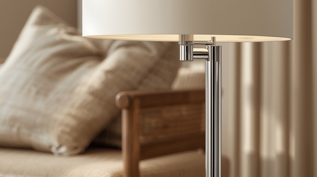 How to Warm Up Chrome Floor Lamps in a Modern Living Room - chrome detail beside warm wood grain and textured fabric