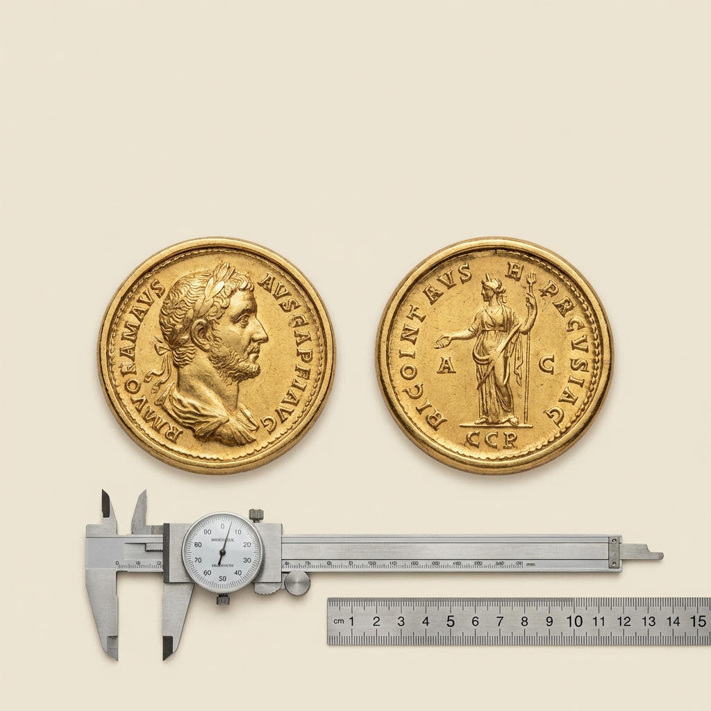 High resolution flatlay of a roman gold coin ring obverse and reverse side by side with a metric scale and caliper on a clean beige background