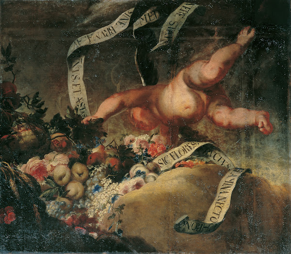 Putto mit Blumen Früchten und Spruchband 1698 1699