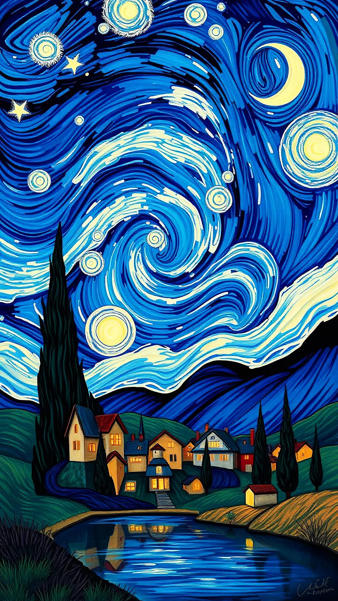 Starry Night Sky Over Village with Swirling Clouds - Free 4K mobile Wallpaper
