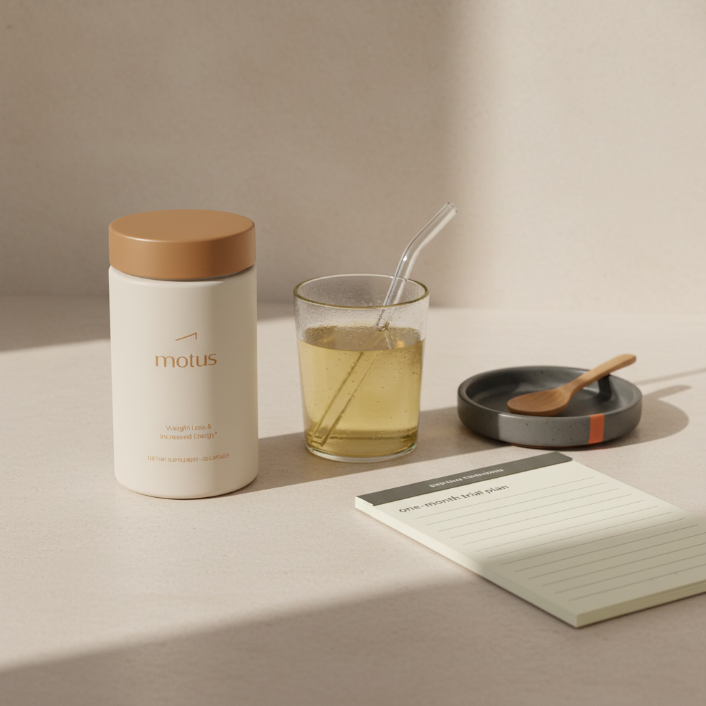 Motus bottle on a minimalist countertop next to a diluted apple cider vinegar glass, wooden spoon and one-month trial notepad — How much weight can I lose in 1 month with apple cider vinegar?