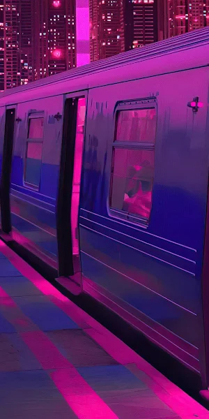 Train Neon Synthwave Buildings 4K Wallpaper Background