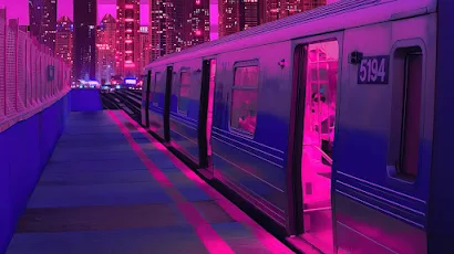 Train Neon Synthwave Buildings 4K Wallpaper Background