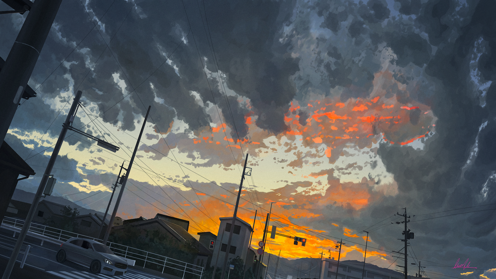 Dramatic Sunset Over Suburban Street - Anime Illustration 4K Wallpaper (3840x2160)