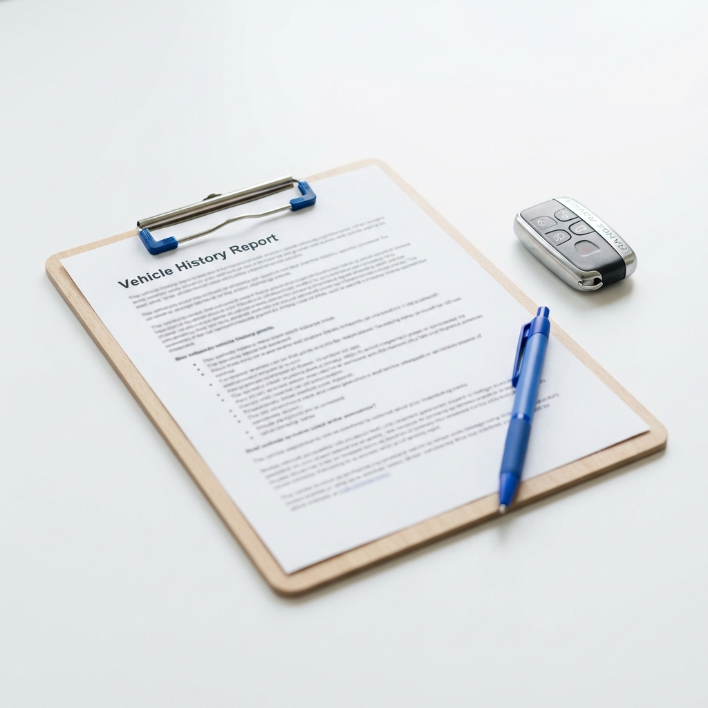Close up of a vehicle history report on a clipboard with a Range Rover key fob and blue pen on a white minimal background for range rovers for sale