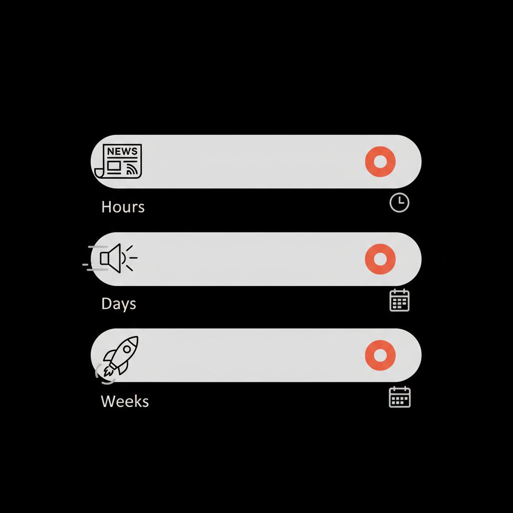 Minimal 2D vector infographic with three horizontal timeline bars (hours, days, weeks) showing news, viral sound and product launch icons — what is trending in the USA