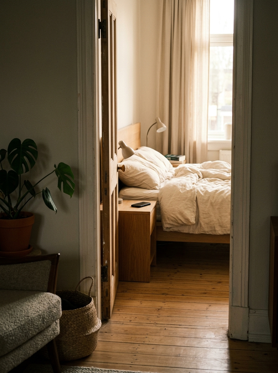A phone face-down on a bedside table in another room, seen through a doorway — the distance between you and the screen is the distance between rest and noise.