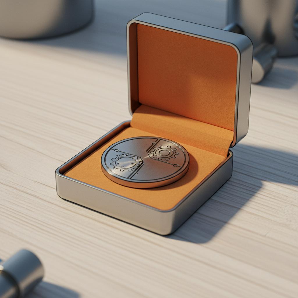 Nahaufnahme einer offenen Metallbox mit graviertem Anhänger auf Holzuntergrund, warmes Licht und dezente Steelmonks-Farben, romantische geschenke mann