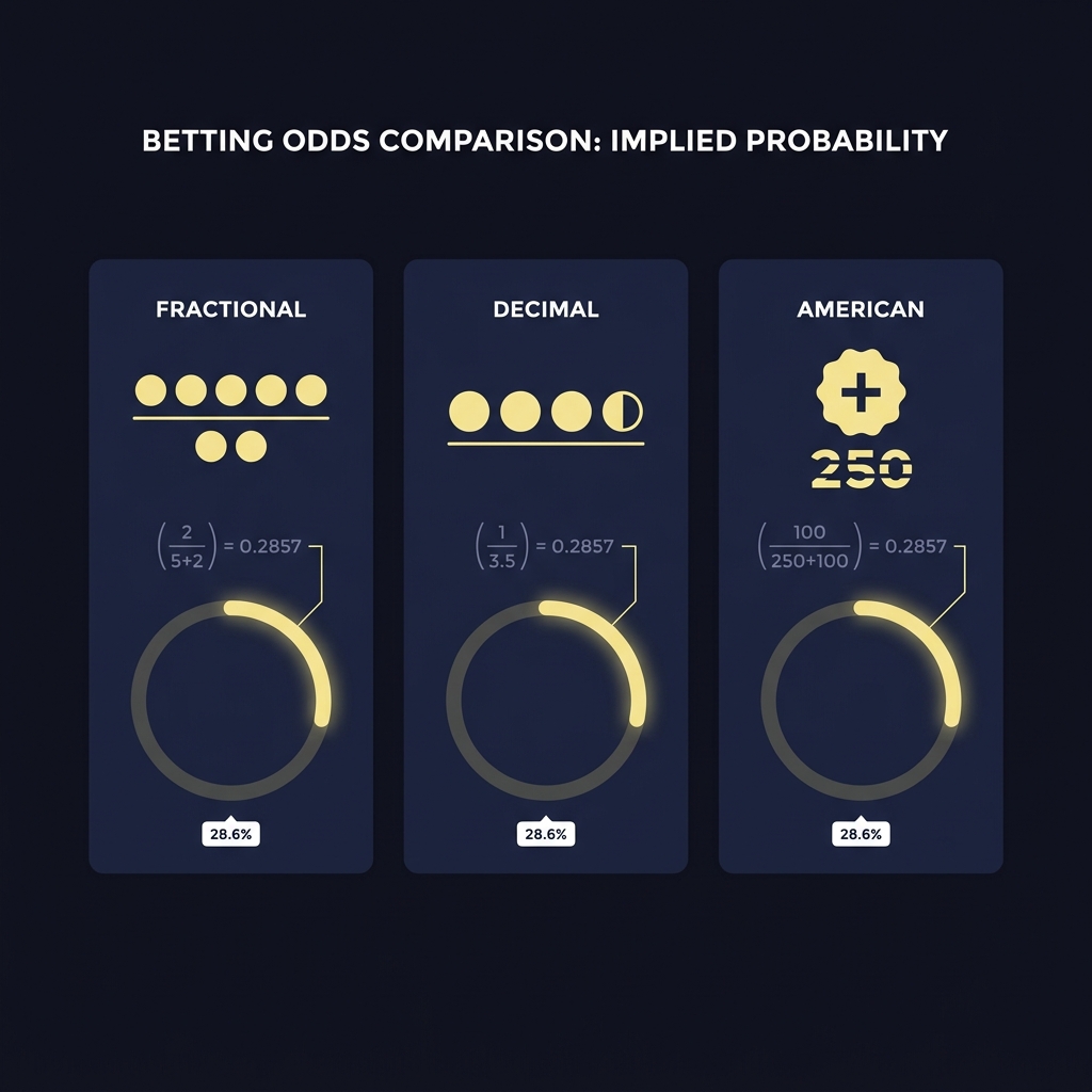Minimalist 2D vector comparison chart showing fractional five over two decimal three point five and american plus two hundred fifty with implied probability rings return on bet calculator