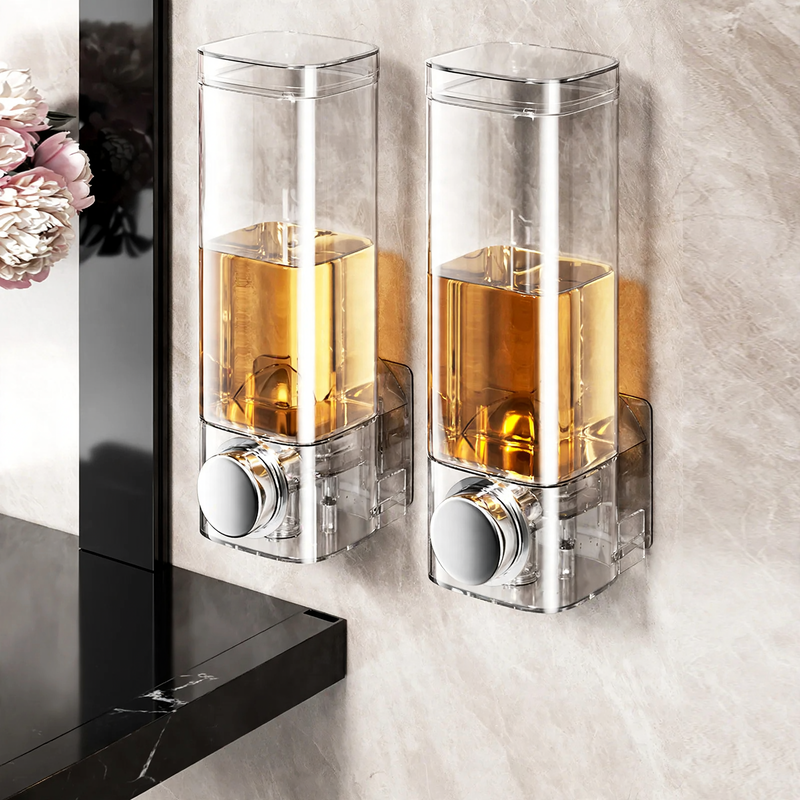 Hanging soap dispenser, transparent, no drilling