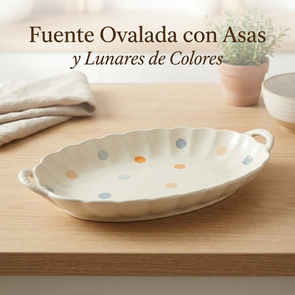 Bandeja de cerámica ovalada con motas de colores