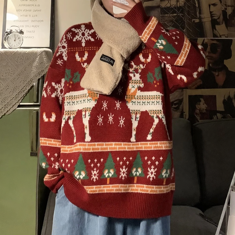 Women's knitted sweater with reindeer embroidery