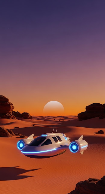 Futuristic Hovercraft in a Desert Sunset - Free mobile Wallpaper
