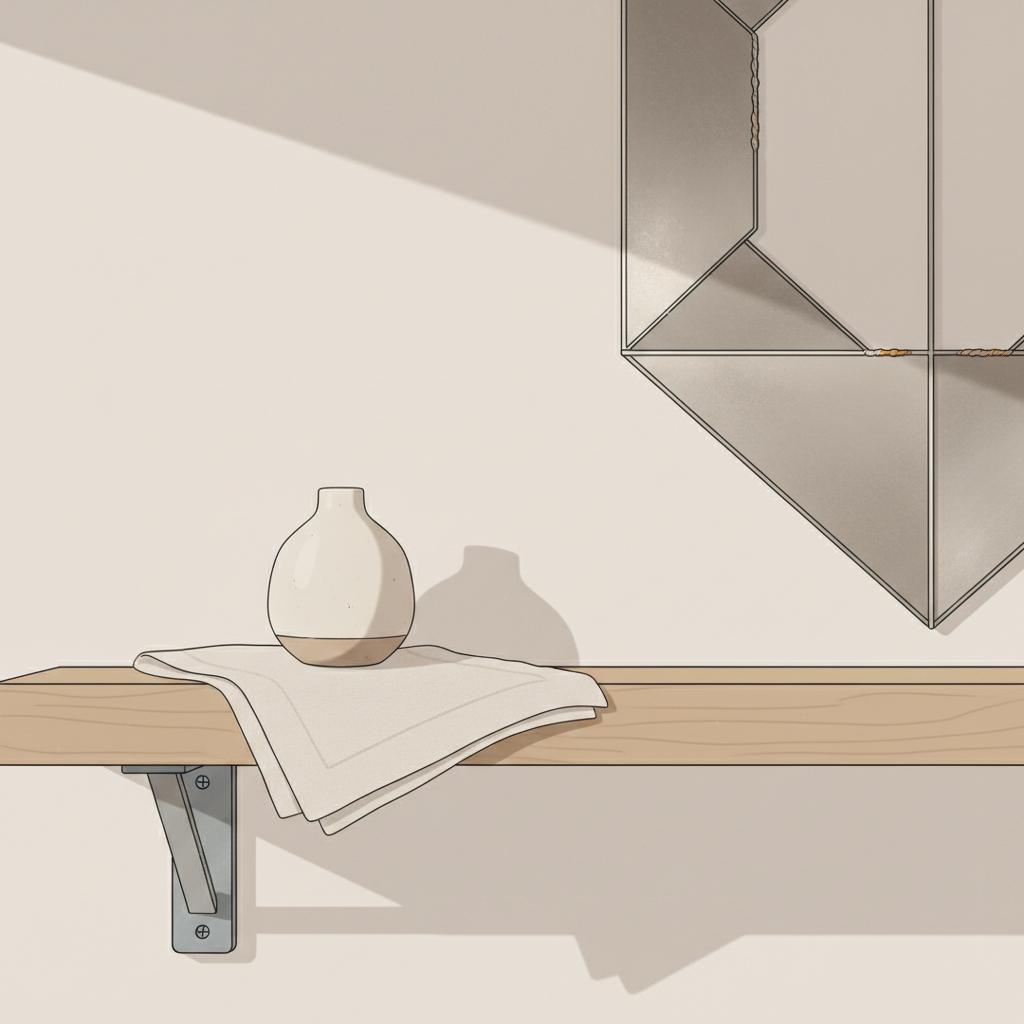 Minimalistische 2D-Vektorillustration eines handgefertigten Metallwanddekors auf Regal in warmem Wohnraum mit Holz- und Metalldetails, Farbakzente #0044CC und #ff9800 — hochzeitsgeschenke statt geld