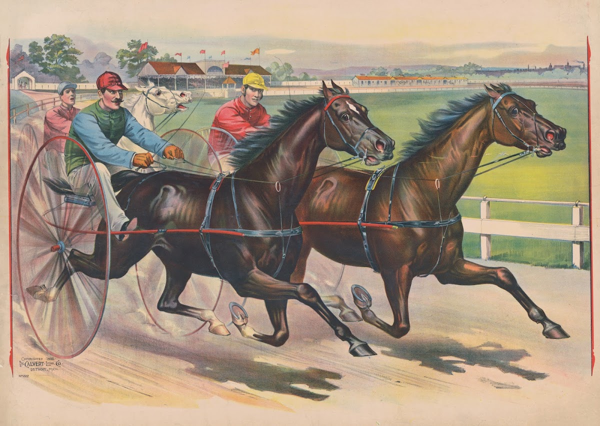 Three horses with jockeys running a harness race 1892