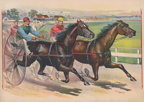 Three horses with jockeys running a harness race 1892
