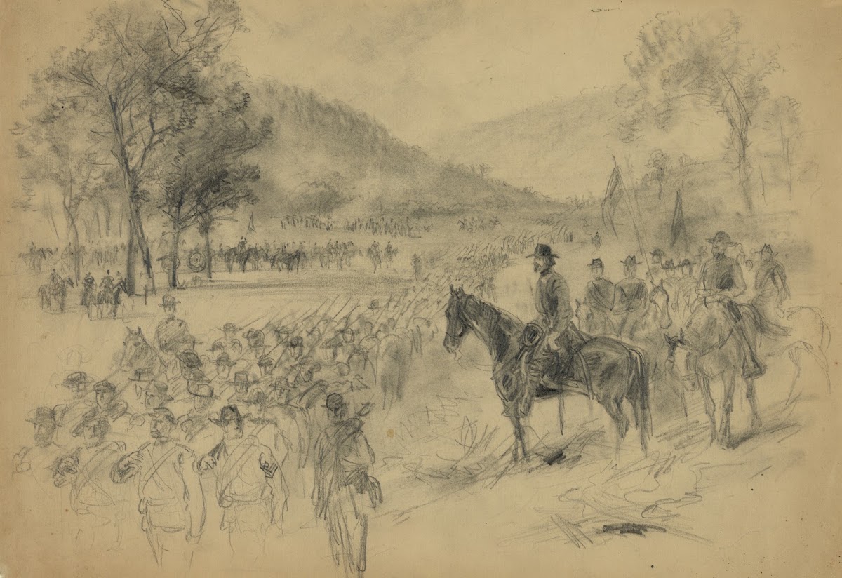 A general and his staff reviewing troops in the field 1860 1865