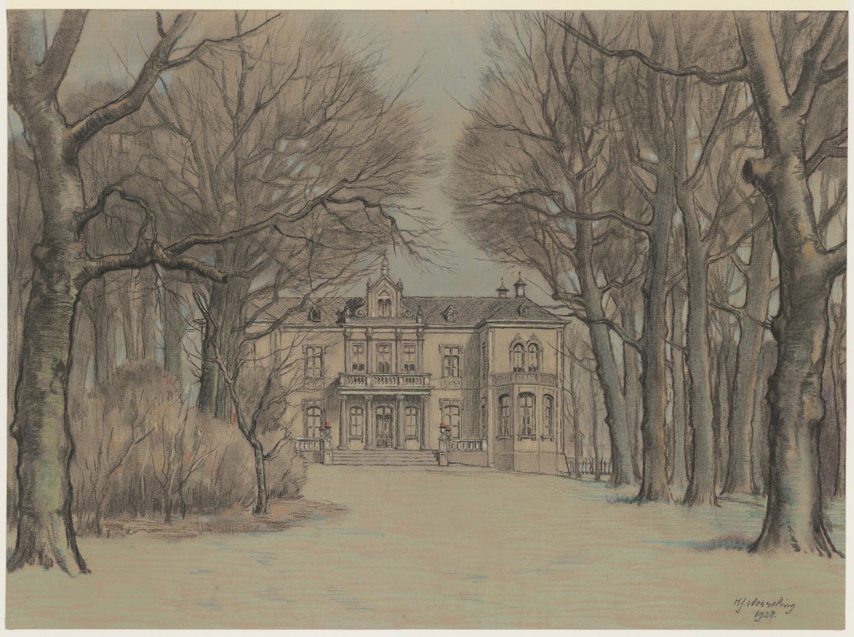 Gezicht op de voorgevel van de buitenplaats Spaar en Hout vanuit de tuin 1928