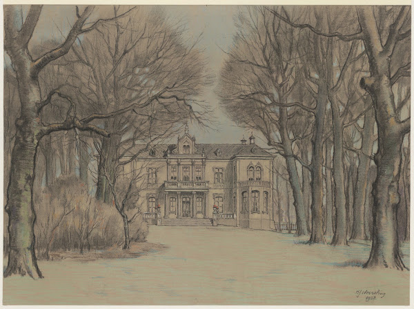 Gezicht op de voorgevel van de buitenplaats Spaar en Hout vanuit de tuin 1928