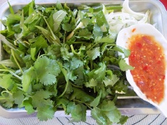 Cho gà xé vào âu cùng hành tây và bát gia vị trộn đều. Sau đó cho rau răm và ngò rí vào trộn chung. Nêm nếm lại cho vừa ăn.