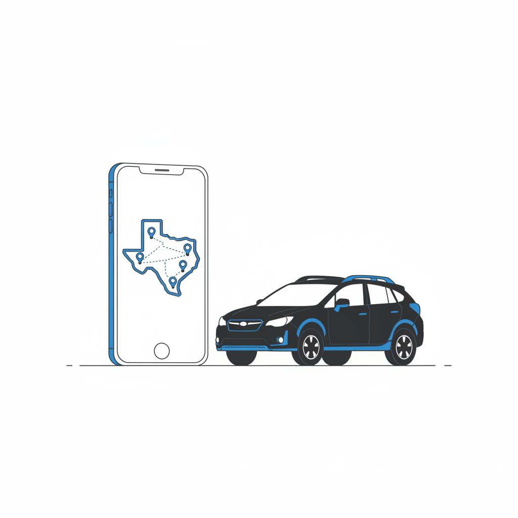2D vector of Crosstrek style crossover parked beside a smartphone showing a toy collectible state map overlay highlighting vehicle history subaru crosstrek for sale