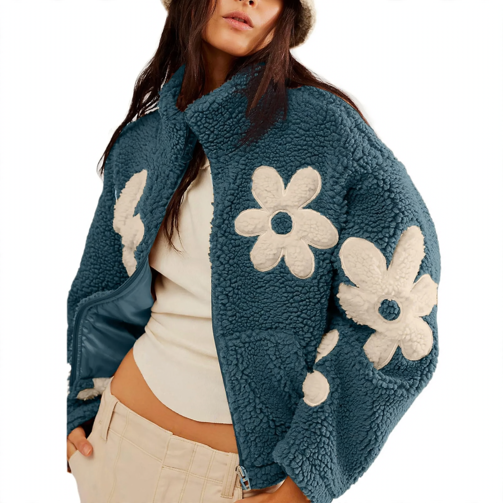Faux lambswool knitted jacket with floral embroidery