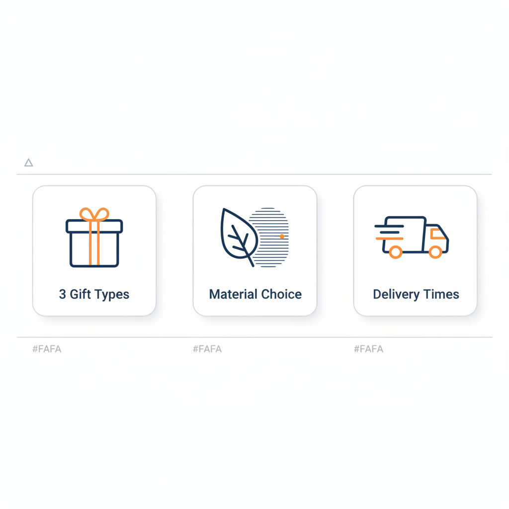 Minimalistische 2D-Vektor-Infografik mit drei Icons zu 3 Geschenktypen, Materialwahl und Lieferzeiten – Was schenkt man einer Mama, die alles hat?