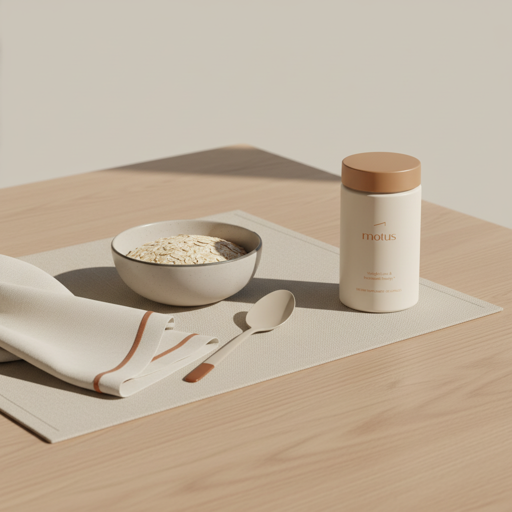Motus supplement bottle beside a bowl of oats on a light wood table with beige #F2E5D5 placemat, minimalist morning wellness scene for probiotics for menopause belly