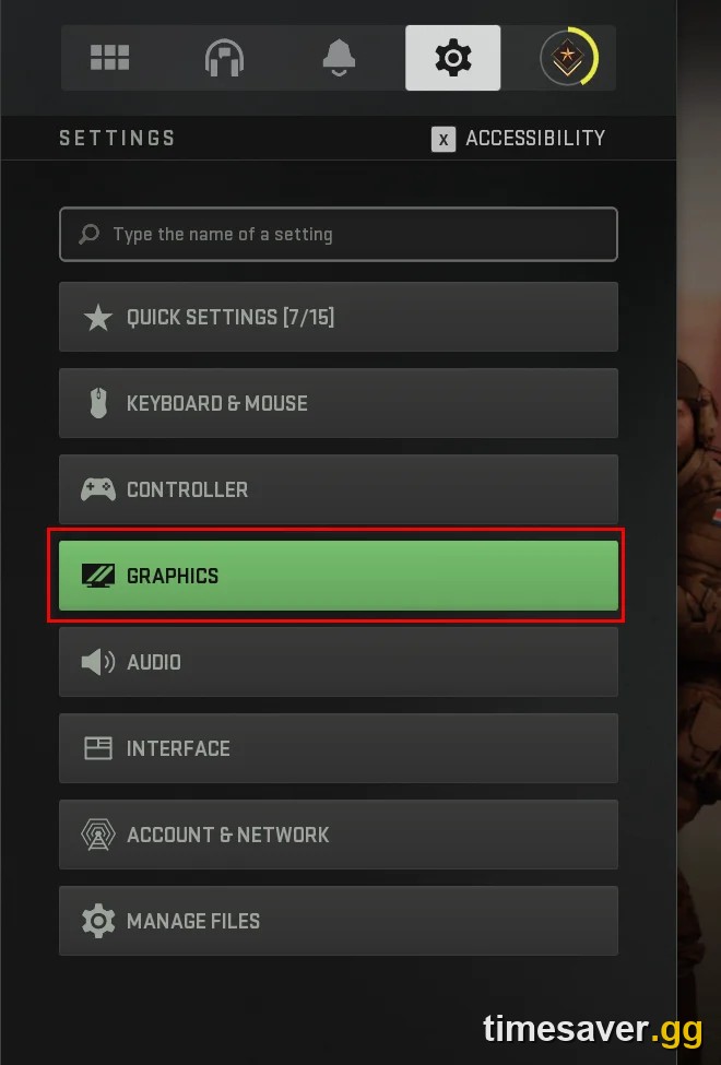 Call of Duty Settings menu with Graphics highlighted, above the Controller and Manage Files options