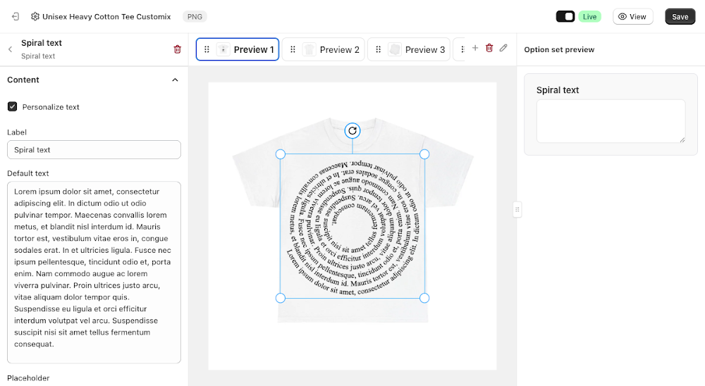 Content panel with Personalize text, Label, and Default text fields
