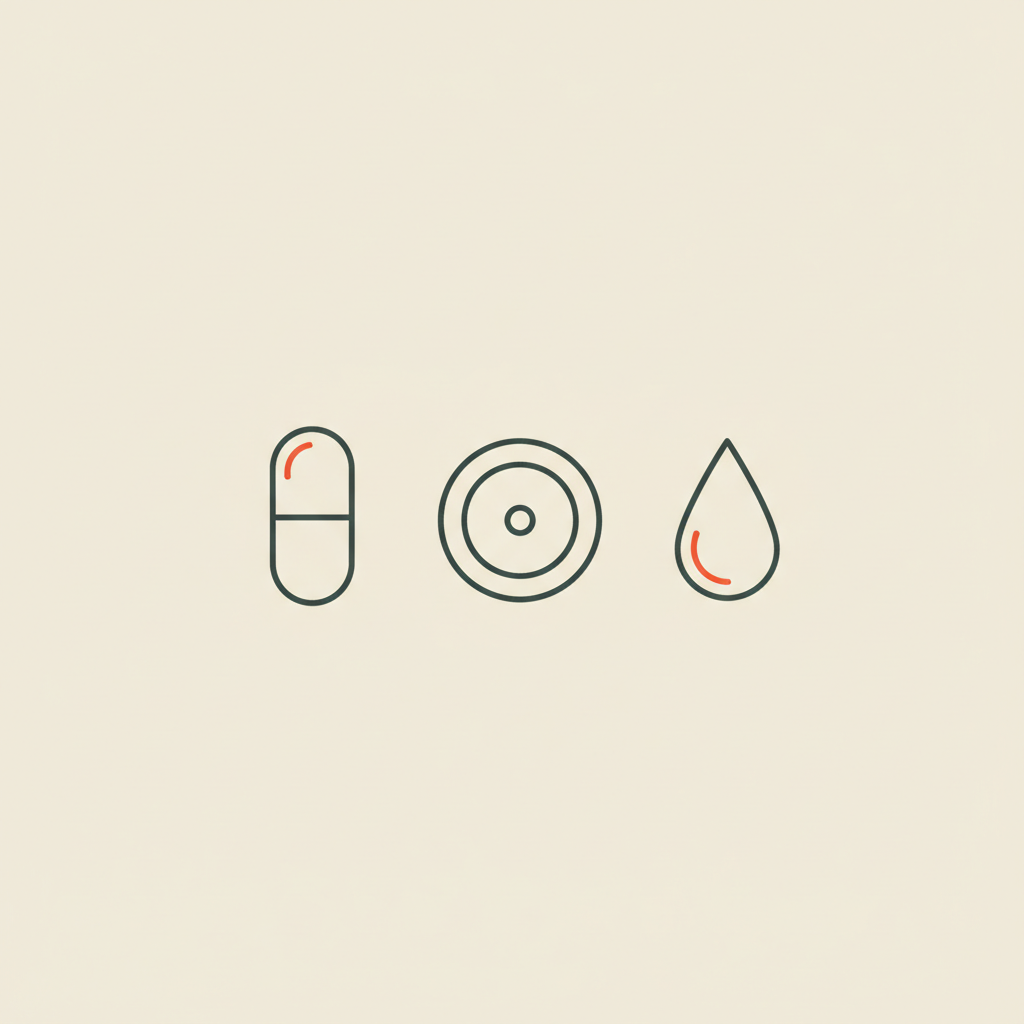 Minimal Tonum-style vector: capsule, plate with a small fat dot, and vitamin D droplet on beige background — bariatric multivitamins