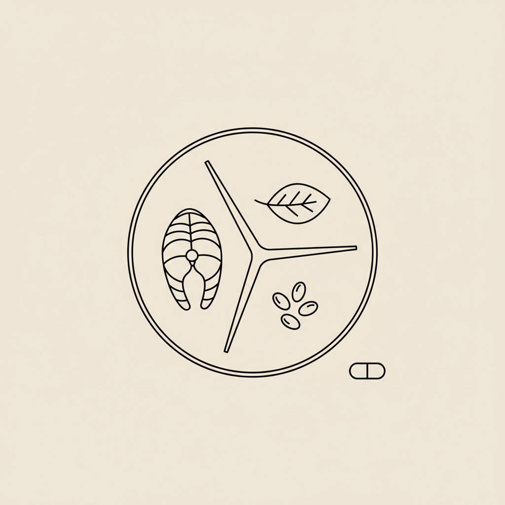 Minimal vector line illustration of a balanced plate with protein, vegetables, whole grain and a small capsule on beige background to suggest ways to speed up metabolism