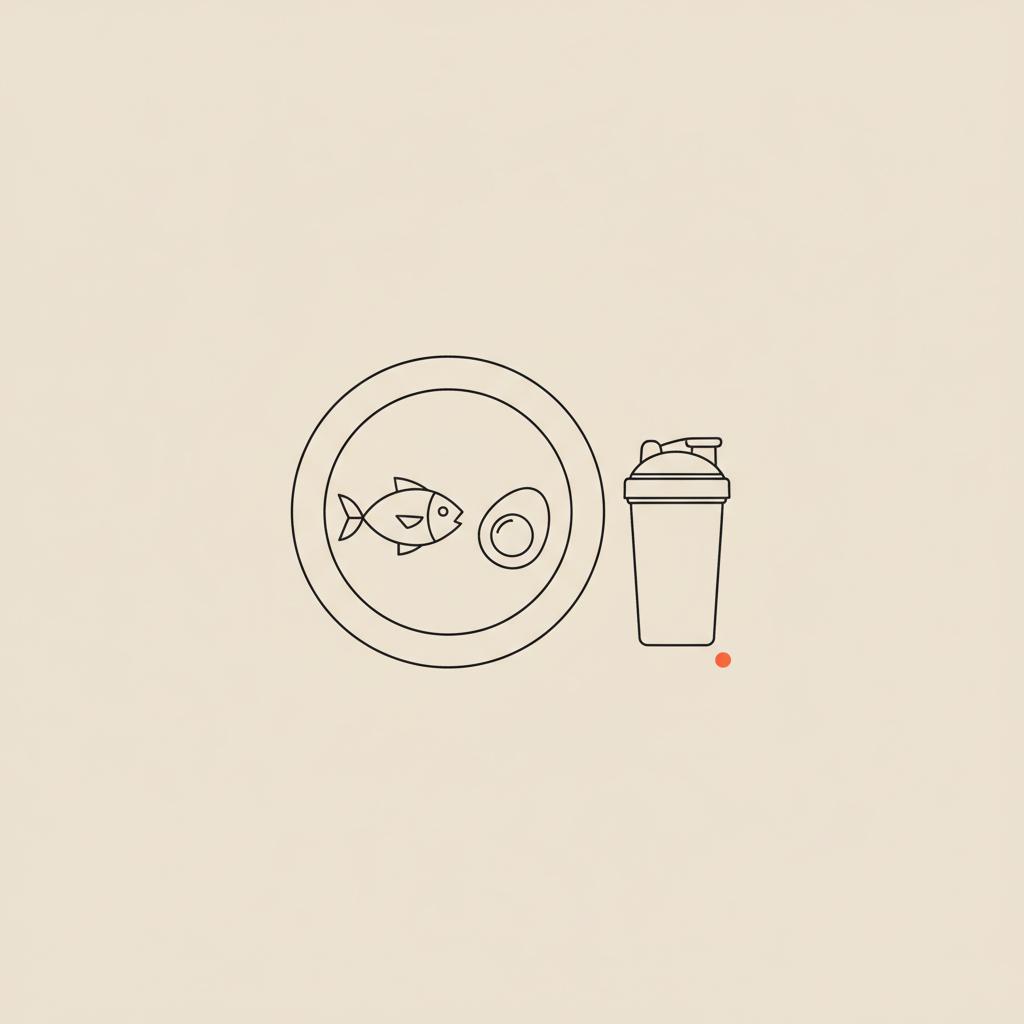 Minimalist line illustration of a plate with a fish, halved egg, and shaker bottle representing lowest calorie protein choices on a beige background