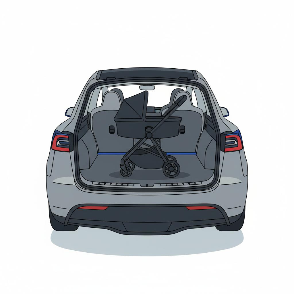 Rear cargo area of Tesla Model Y with folded seats and stroller showing usable trunk volume teslas for sale near me