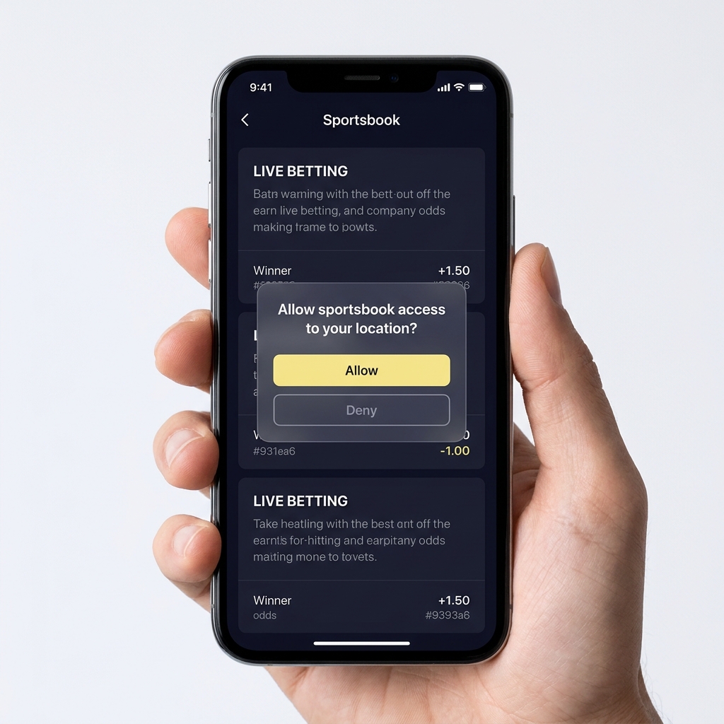 Close up smartphone displaying a generic sportsbook app with a geolocation permission popup on a Funded Plays inspired dark background minimalist UI clear allow and deny buttons online sports betting legal states