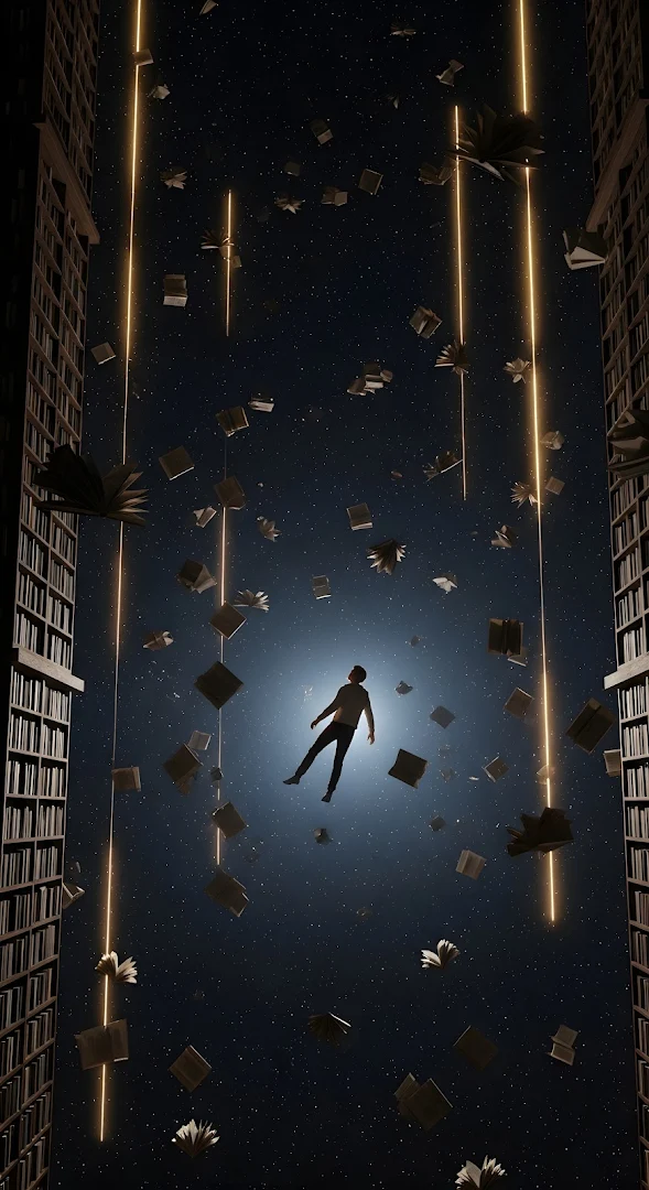 Man Floating in Cosmic Library with Flying Books and Light