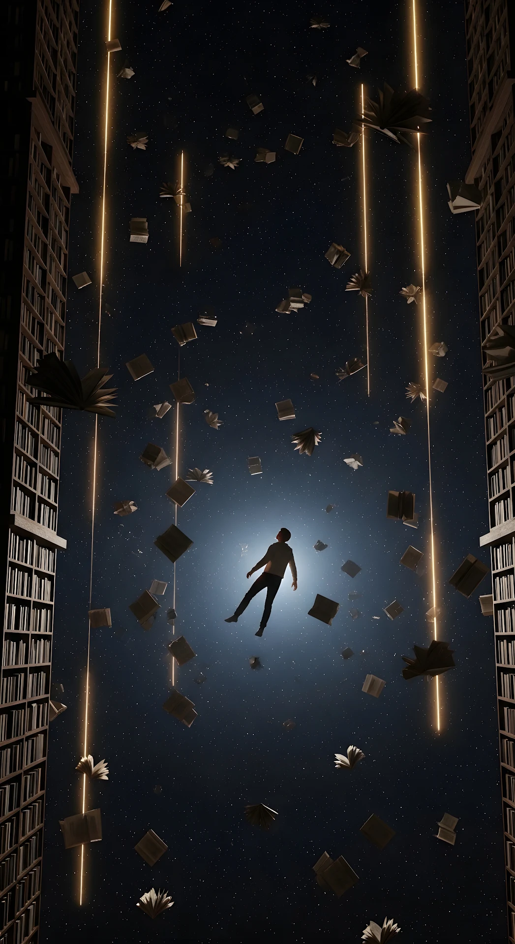 Man Floating in Cosmic Library with Flying Books and Light - Free 4K mobile Wallpaper