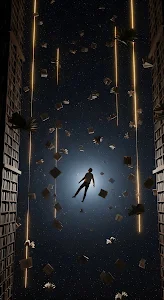 Man Floating in Cosmic Library with Flying Books and Light