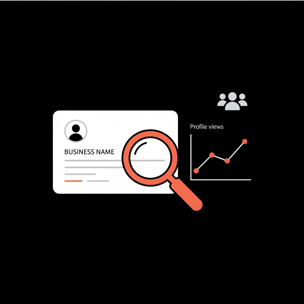 Minimal infographic on black background showing a stylized business profile card, magnifying glass, anonymous user silhouettes and a small insights graph — can businesses see who viewed Google reviews