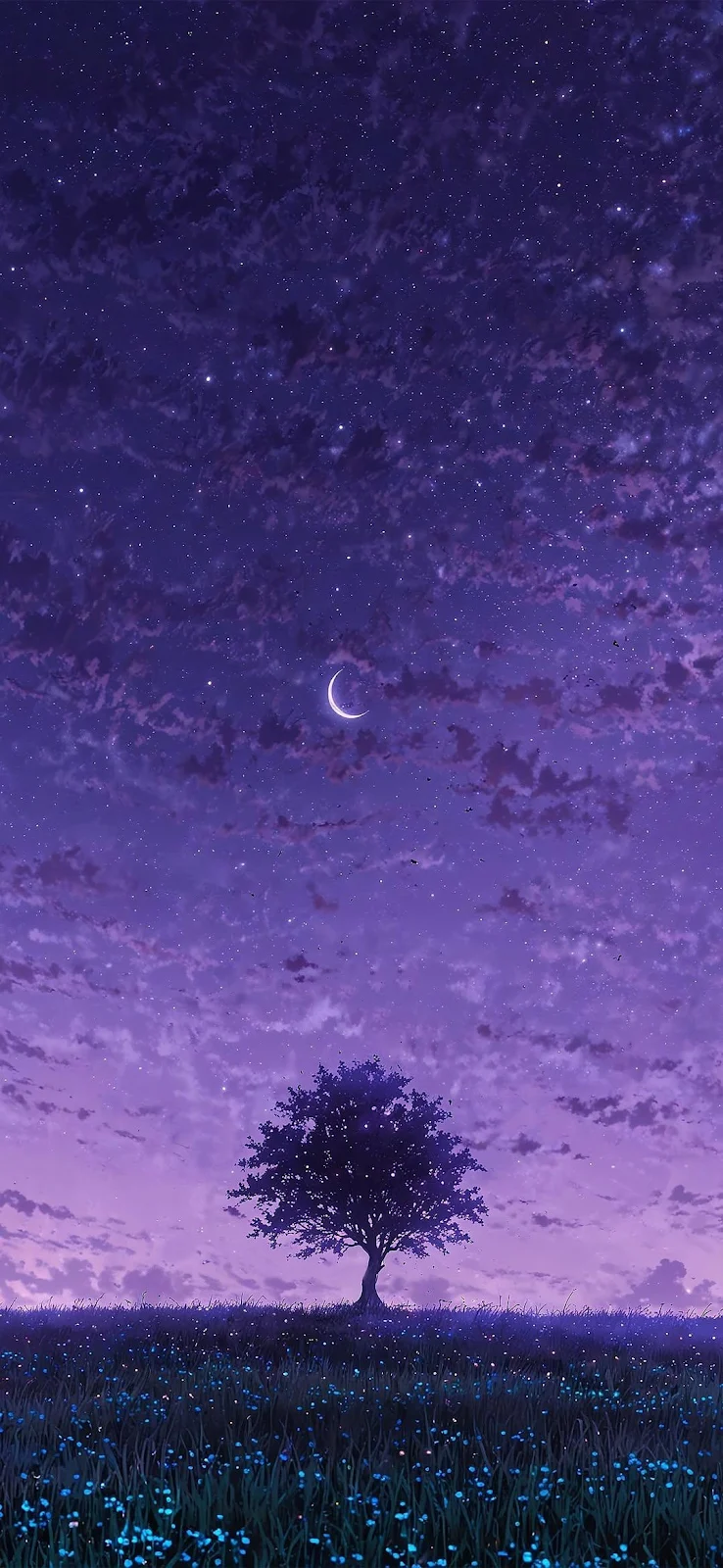 Purple Night Sky Tree Silhouette - Anime Landscape Art Full HD iPhone Wallpaper (1080x2341)
