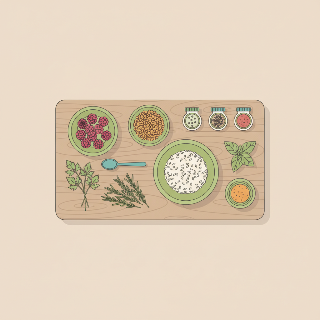 Flatlay mit eingefrorenen Beeren, Linsen, Vollkornreis, Kräutern und Gewürzen für 30 pflanzliche Lebensmittel pro Woche, minimalistischer 2D-Vektor, Vegardians-Farben