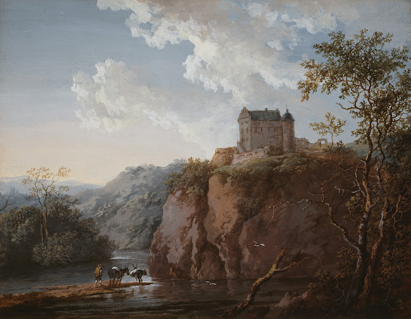Burg auf einem Felsen über einem Flußtal