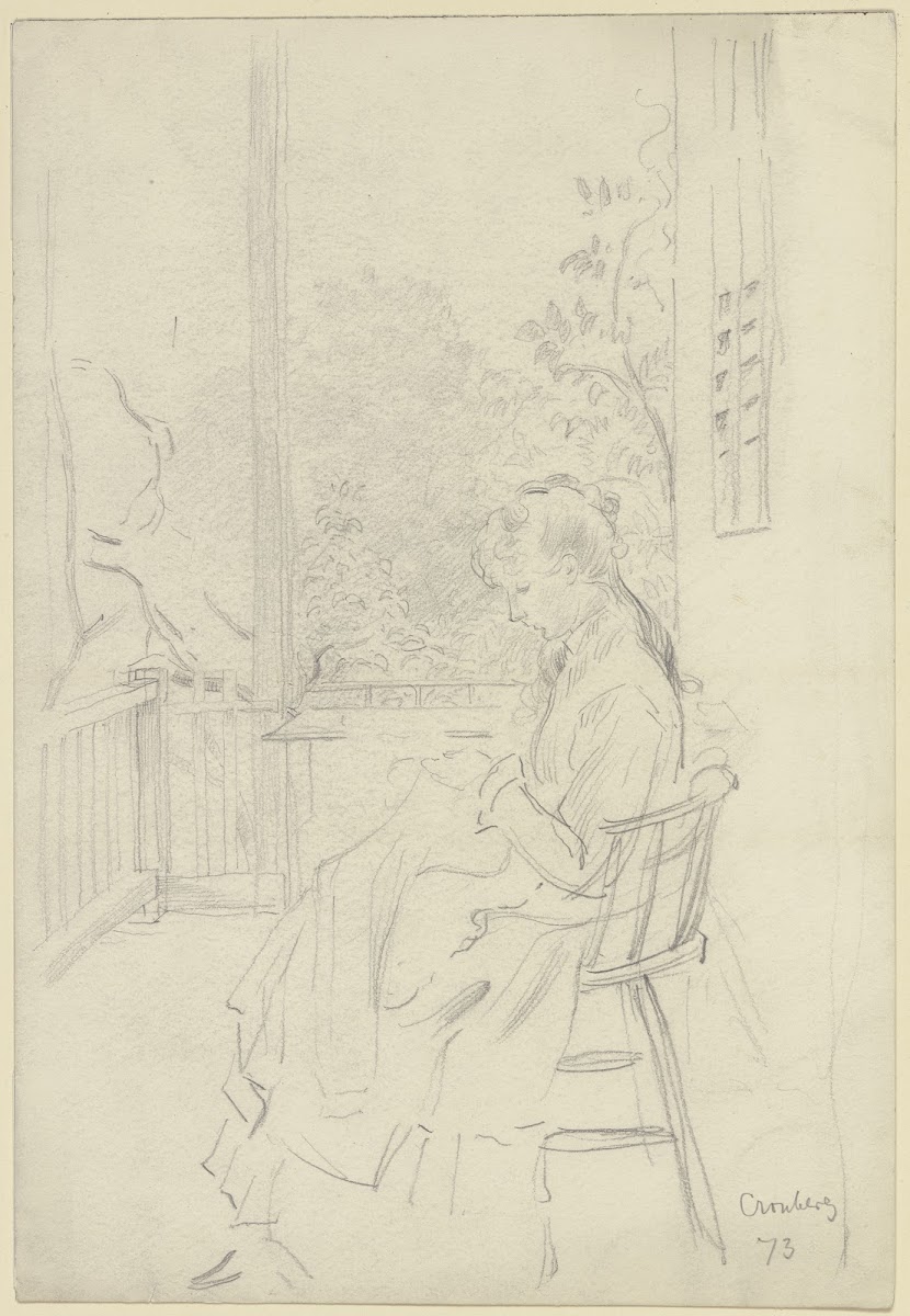 Dame auf einer Veranda bei der Handarbeit 1873