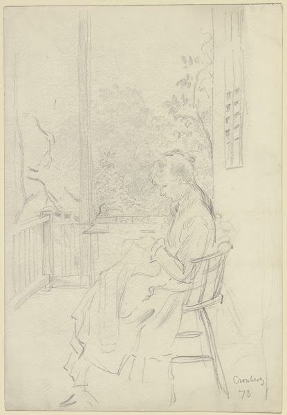 Dame auf einer Veranda bei der Handarbeit 1873