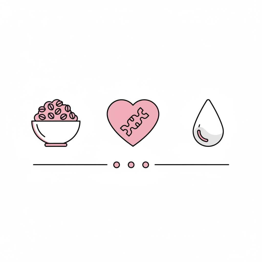 Minimalistische 2D-Vektor-Infografik mit drei Icons (Schüssel Haferflocken, Herz für Protein, Tropfen für Nagelöl), Nagelpflege-Sequenz, Haferflocken für die Nägel