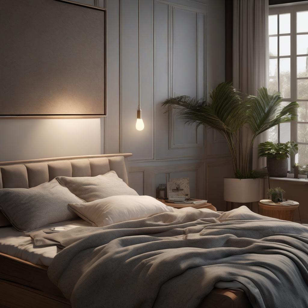 A person sleeping peacefully in a comfortable bed in a dimly lit, serene bedroom