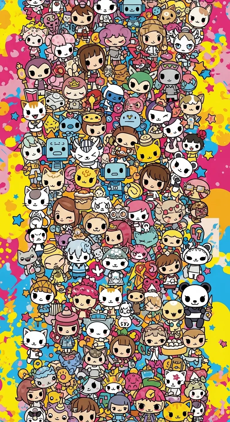 Vibrant Seamless Pattern of Tokidoki-Inspired Cartoon Characters and Elements on Colorful Background - Free 4K mobile Wallpaper