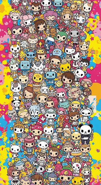 Vibrant Seamless Pattern of Tokidoki-Inspired Cartoon Characters and Elements on Colorful Background - Free mobile Wallpaper